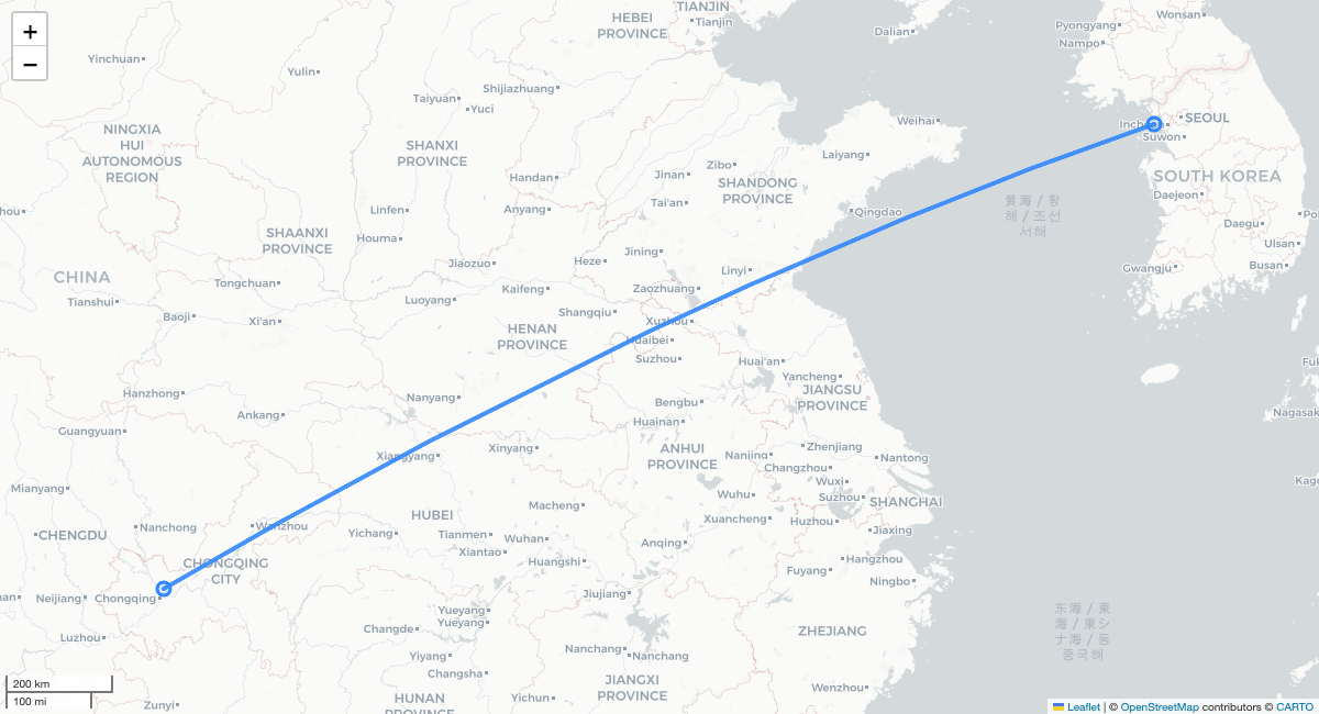 KJ2616 ICN-CKG 항로 지도