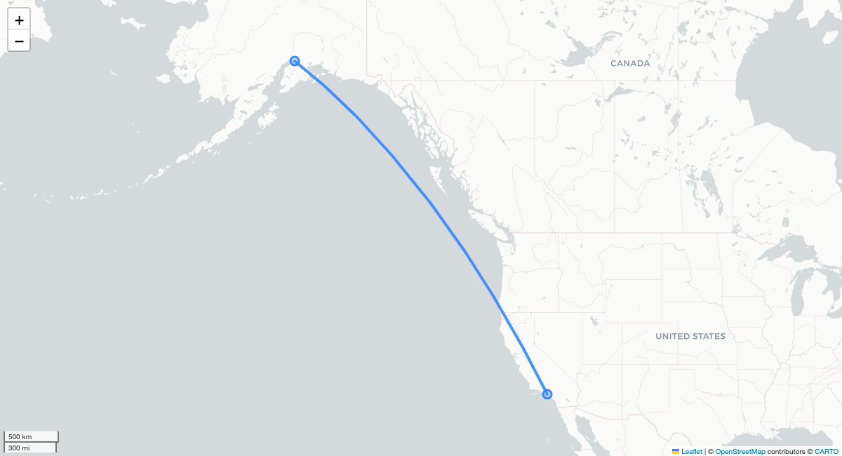 KJ2821 ANC-LAX 항로 지도