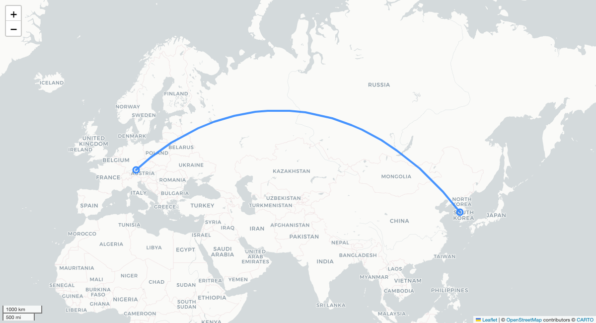 LH718 MUC-ICN 항로 지도