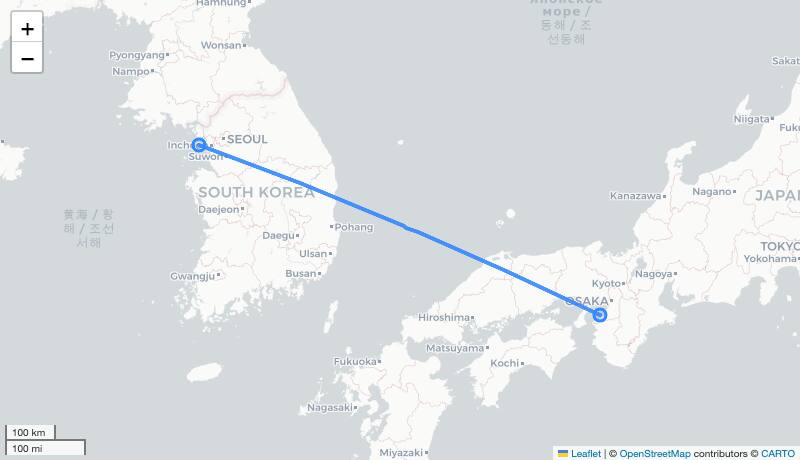 LJ235 ICN-KIX 항로 지도