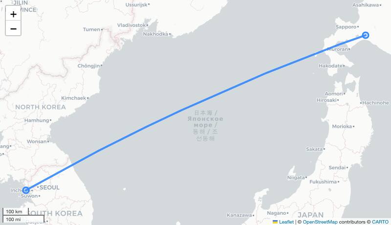 LJ302 CTS-ICN 항로 지도