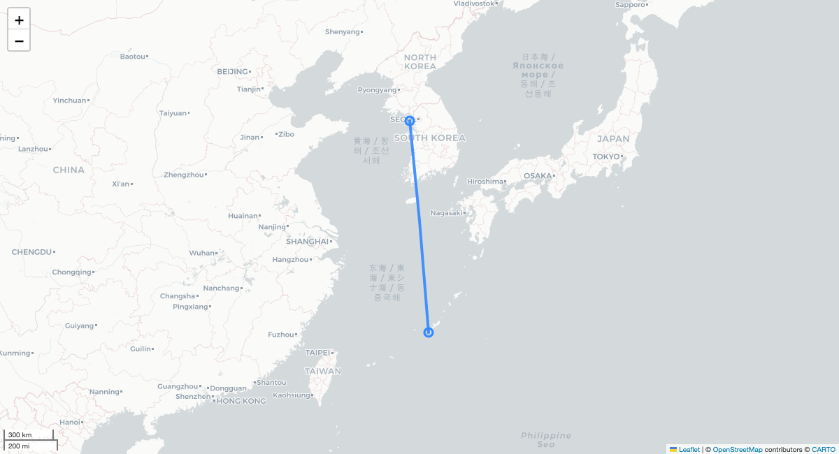 LJ341 ICN-OKA 항로 지도