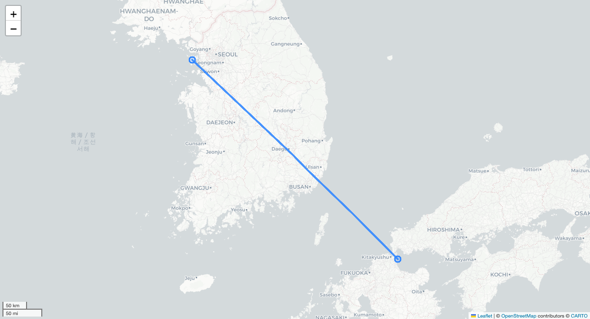 LJ350 KKJ-ICN 항로 지도
