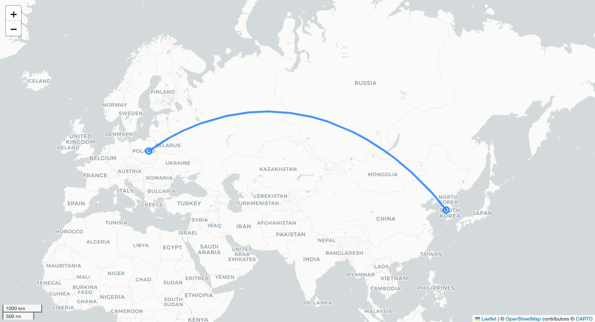 LO98 ICN-WAW 항로 지도