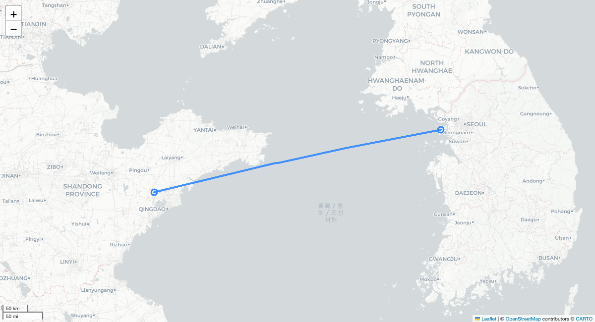 MU5021 TAO-ICN 항로 지도