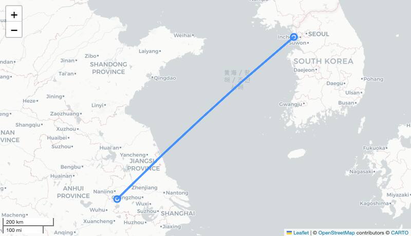 MU579 NKG-ICN 항로 지도