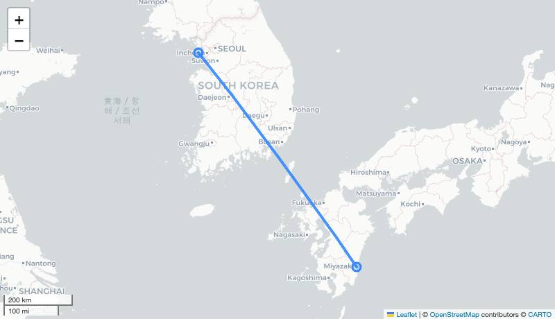 OZ157 KMI-ICN 항로 지도