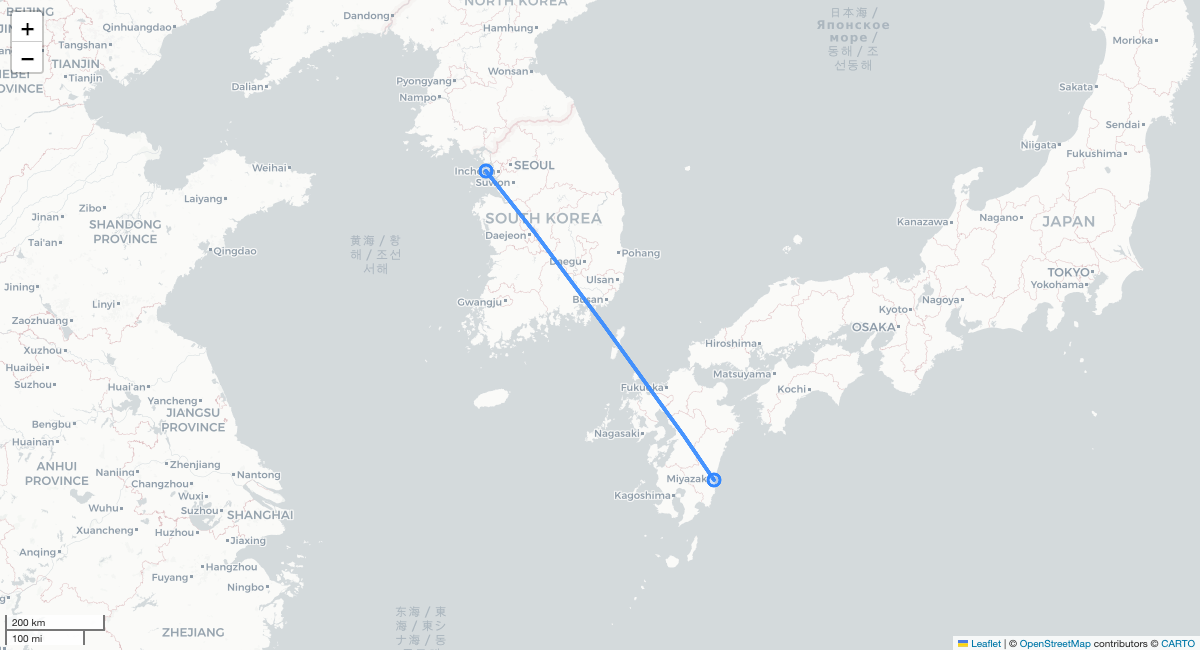 OZ158 ICN-KMI 항로 지도