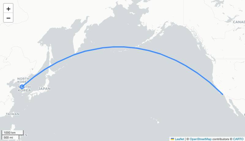 OZ204 ICN-LAX 항로 지도