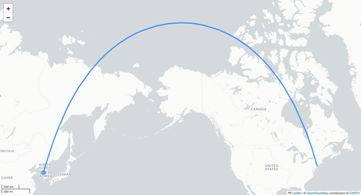 OZ222 ICN-JFK 항로 지도