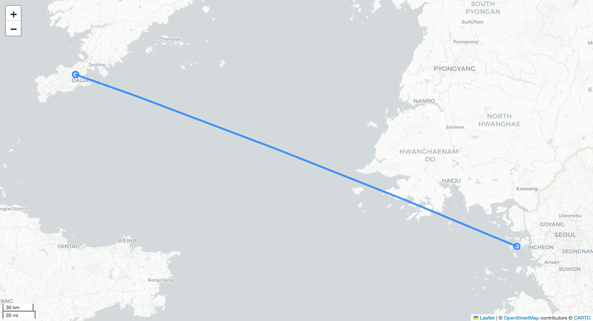 OZ302 DLC-ICN 항로 지도