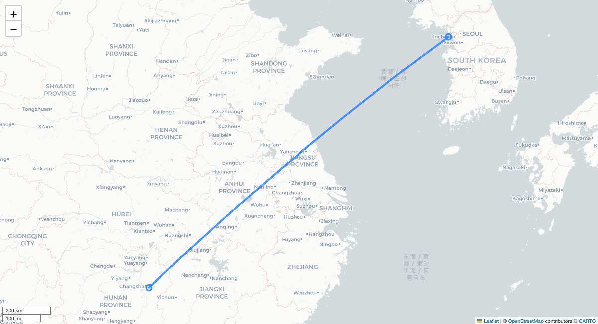OZ321 ICN-CSX 항로 지도