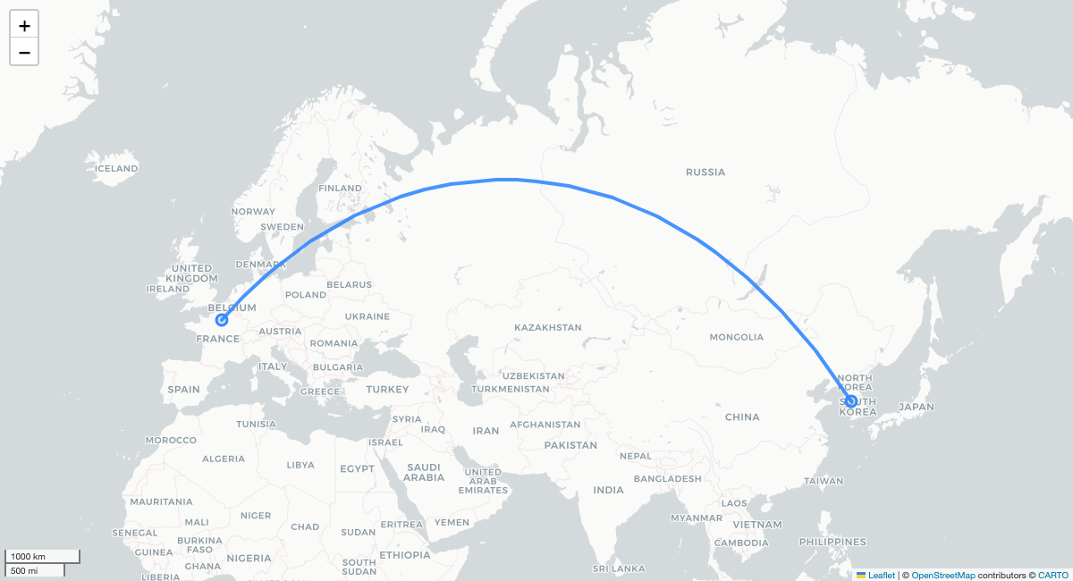 OZ502 CDG-ICN 항로 지도