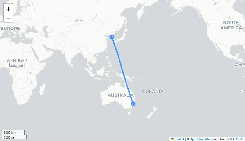 OZ602 SYD-ICN 항로 지도