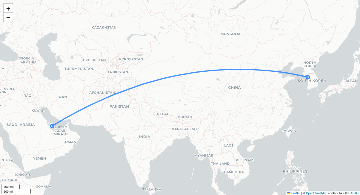 QR863 ICN-DOH 항로 지도