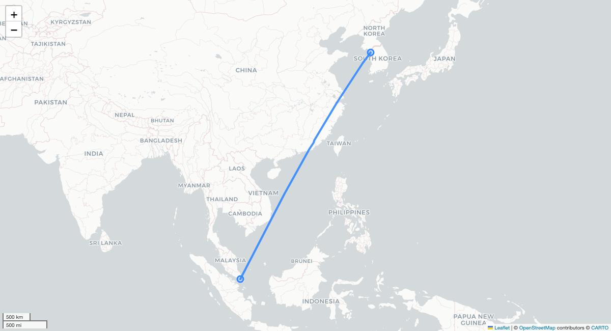 SQ612 SIN-ICN 항로 지도
