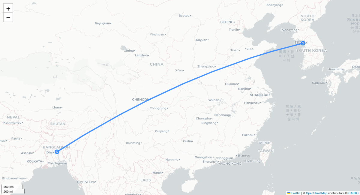 TW172 DAC-ICN 항로 지도