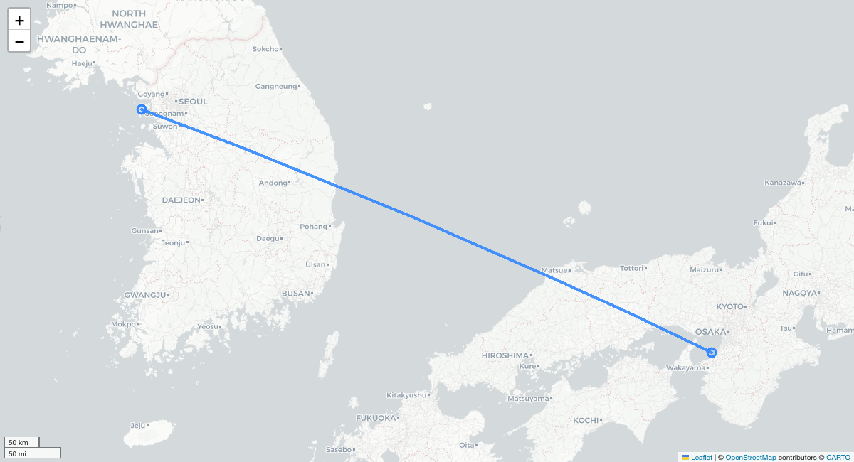 TW302 KIX-ICN 항로 지도