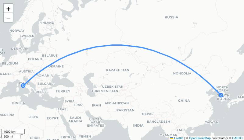 TW405 ICN-FCO 항로 지도