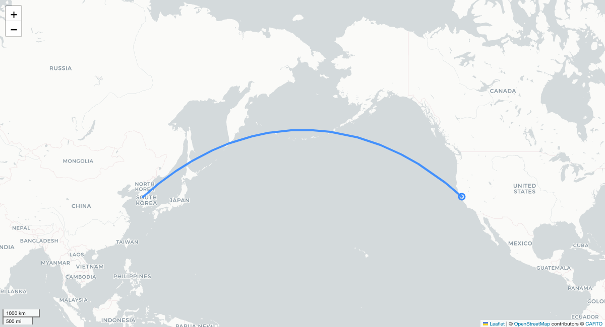 UA893 SFO-ICN 항로 지도