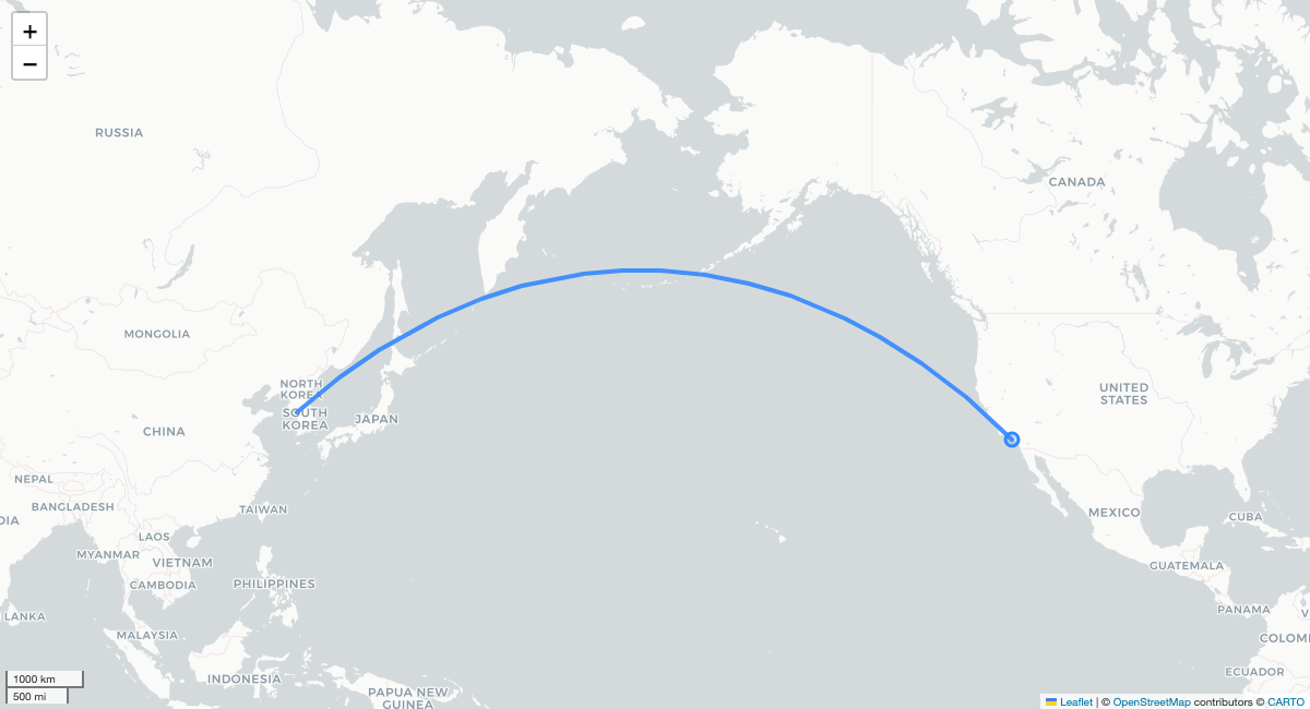 YP102 LAX-ICN 항로 지도